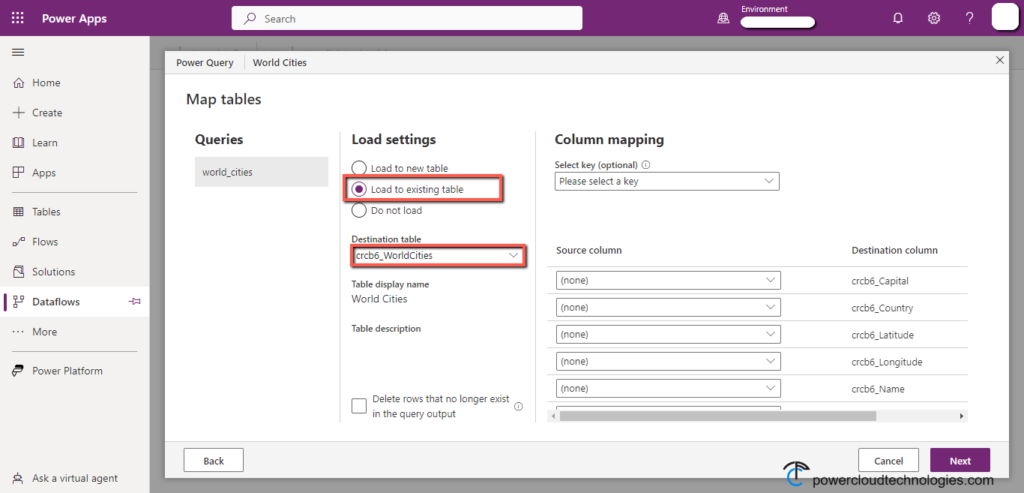 Selecting Dataverse table