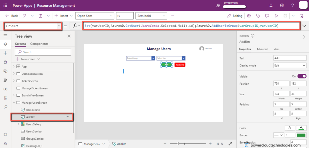 PowerApps button to add user