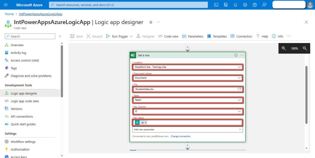 Get a row action in Logic App