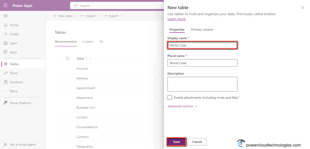 Create Dataverse table