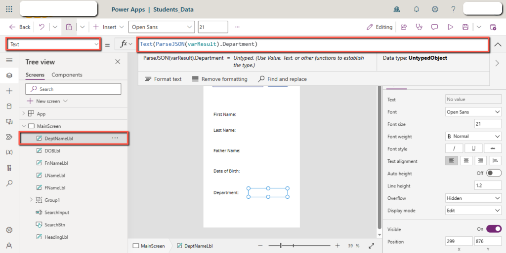 PowerApps show label code