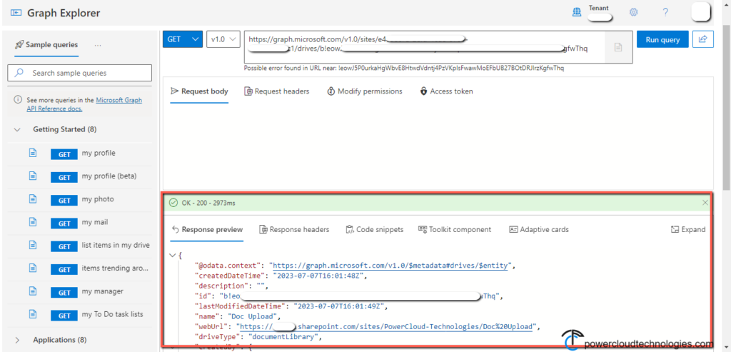 Graph API query ran successfully